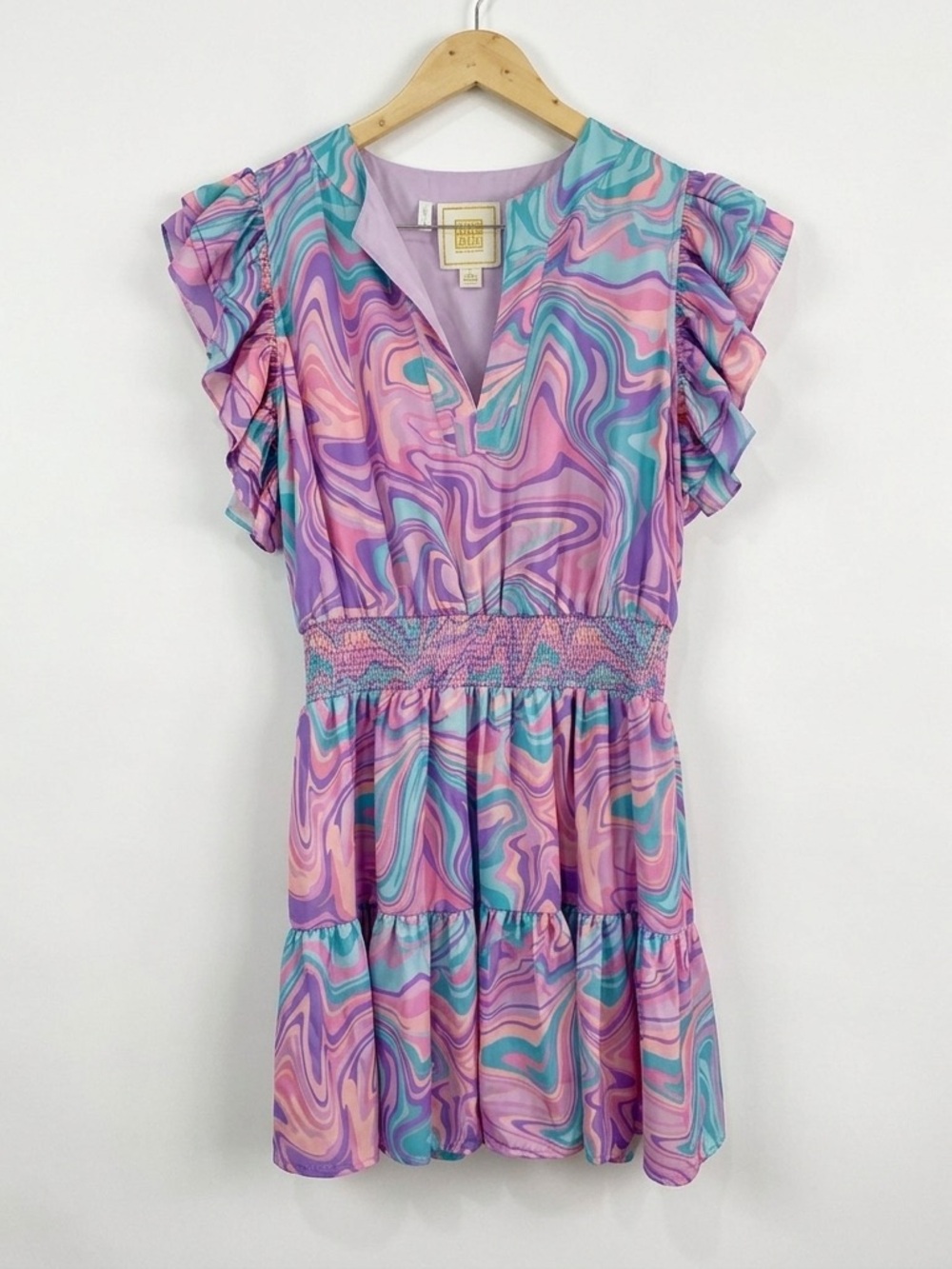 Emily McCarthy Dress Marble Swirl Pastel Smocked Waist Ruffle Sleeve L Preppy